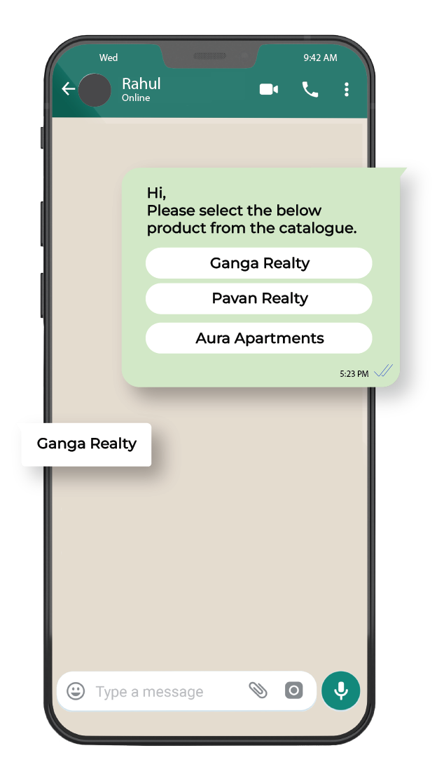 Mobile Screen showing automated property listing on WhatsApp using kwiqreply's WhatsApp Business API solutions
