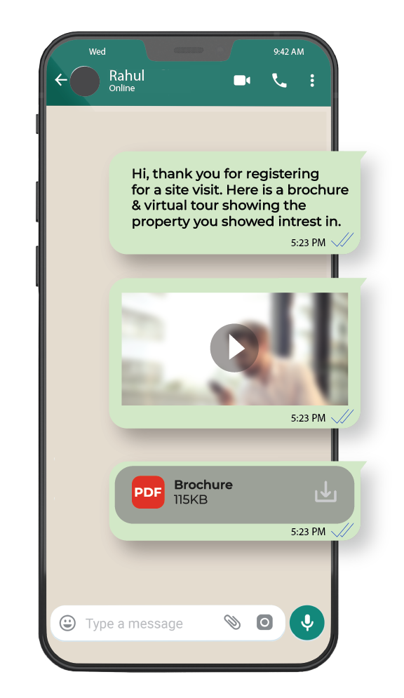 mobile screen showing media rich messaging feature by kwiqreply WhatsApp CRM