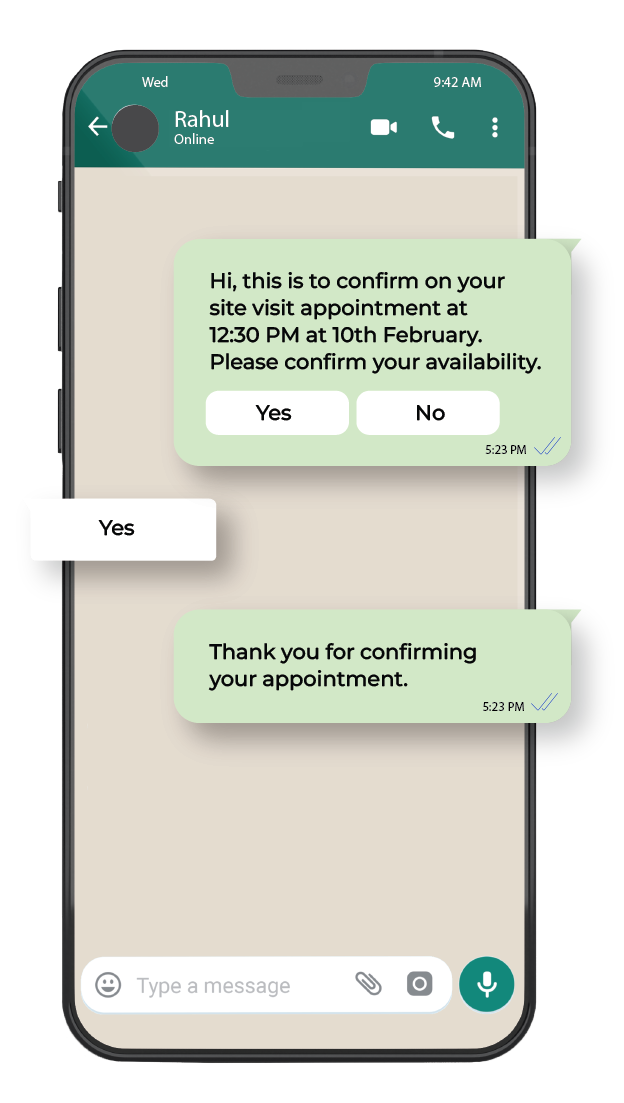 WhatsApp chat on mobile showing the automated response feature of the AI-powered Chatbot of kwiqreply