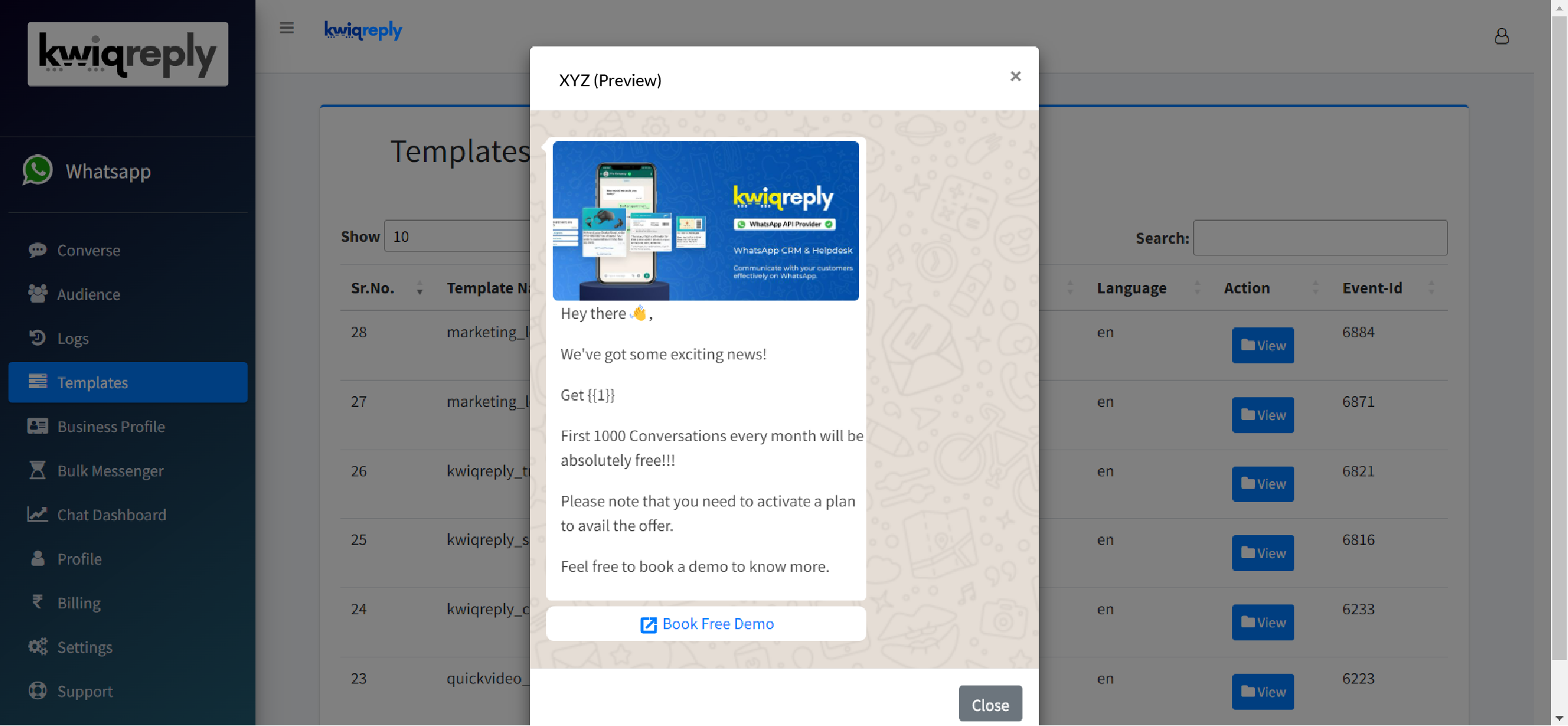 Dashboard of kwiqreply's Template Feautre Where Message Templates can be added to send Broadcast Messages on WhatsApp