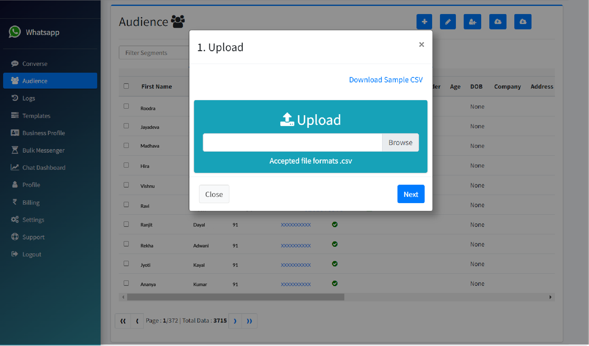 Dashboard showing Import and Export Feature of Database on kwiqreply's WhatsApp CRM